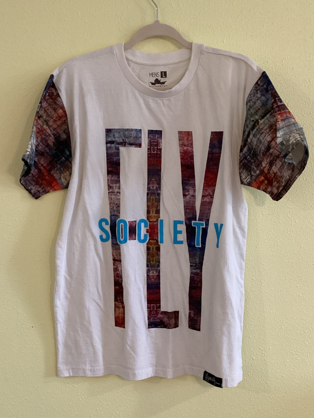 Fly Society Men’s White Graphic Tee with Patterned Sleeves